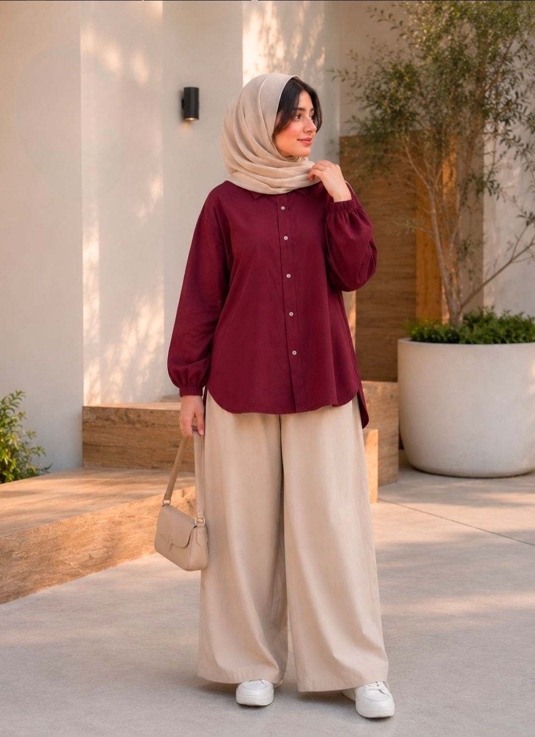 Burgundy Button Down Shirt With Beige Flapper Trouser