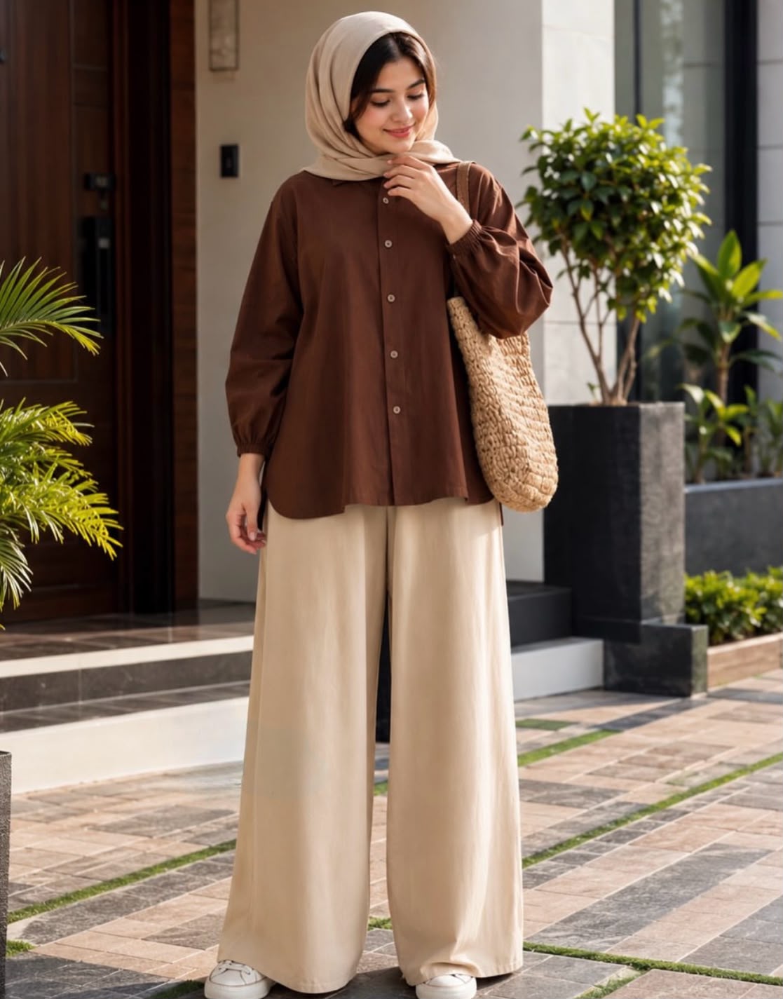 Brown Button Down Shirt With Beige Flapper Trouser