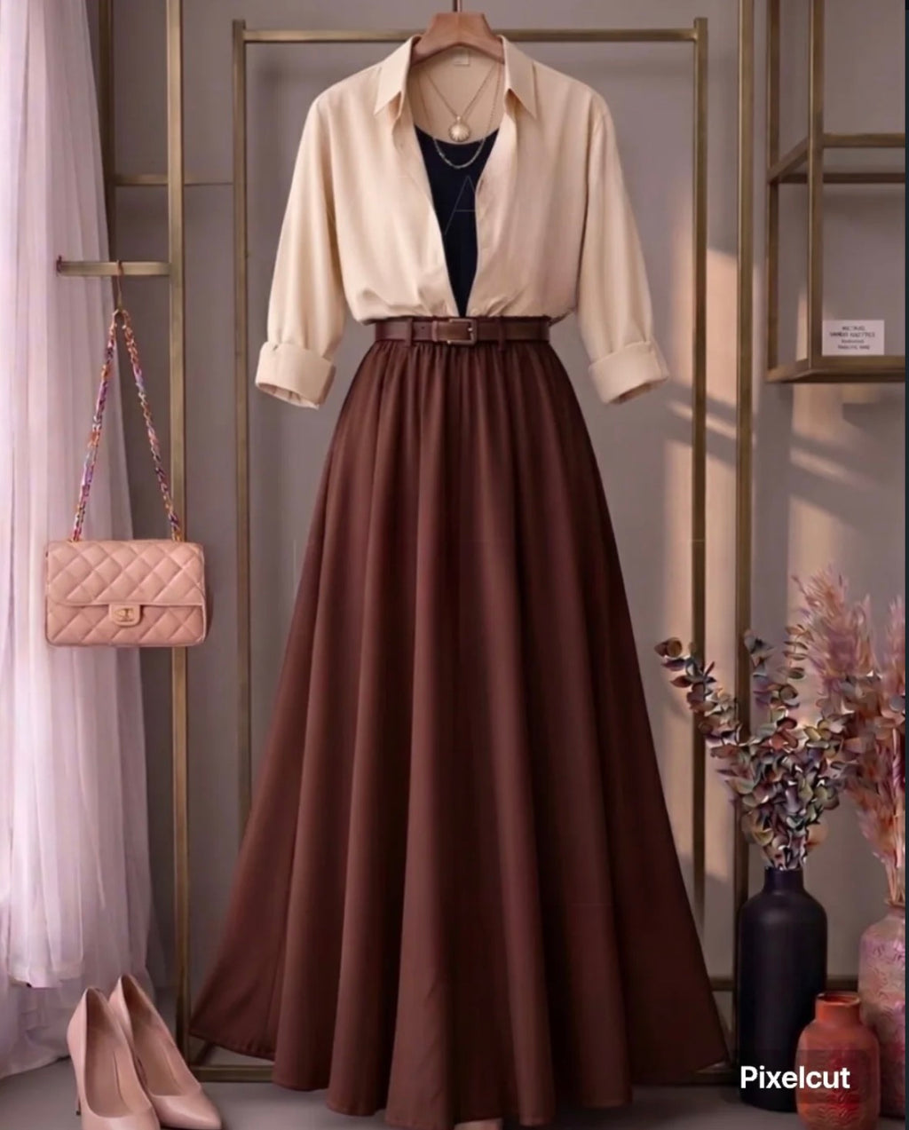Beige Button Down Shirt With Black Inner & Brown Flowy Chiffon Skirt
