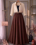 Beige Button Down Shirt With Black Inner & Brown Flowy Chiffon Skirt