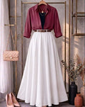 Burgundy Button Down Shirt With Navy Blue Inner & White Flowy Chiffon Skirt