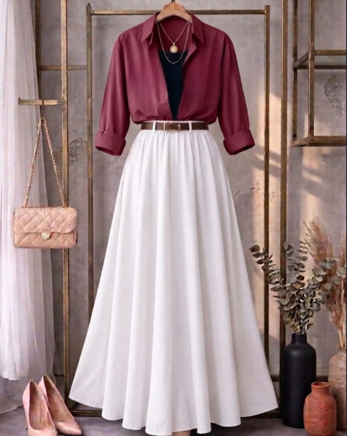 Burgundy Button Down Shirt With Navy Blue Inner & White Flowy Chiffon Skirt