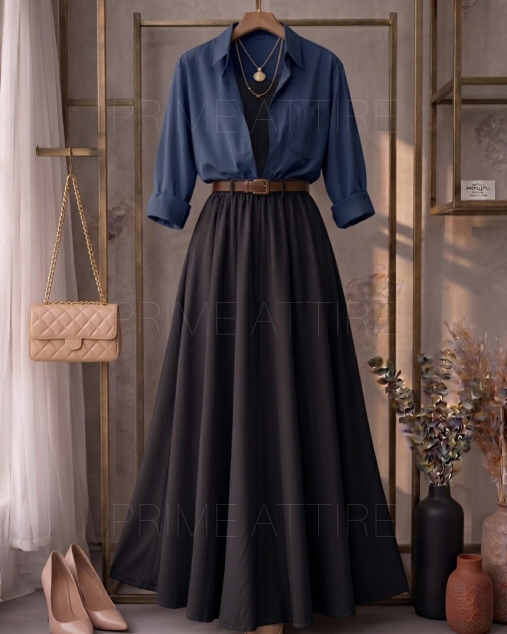 Navy Blue Button Down Shirt With Black Inner & Brown Flowy Chiffon Skirt