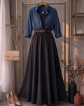 Navy Blue Button Down Shirt With Black Inner & Brown Flowy Chiffon Skirt