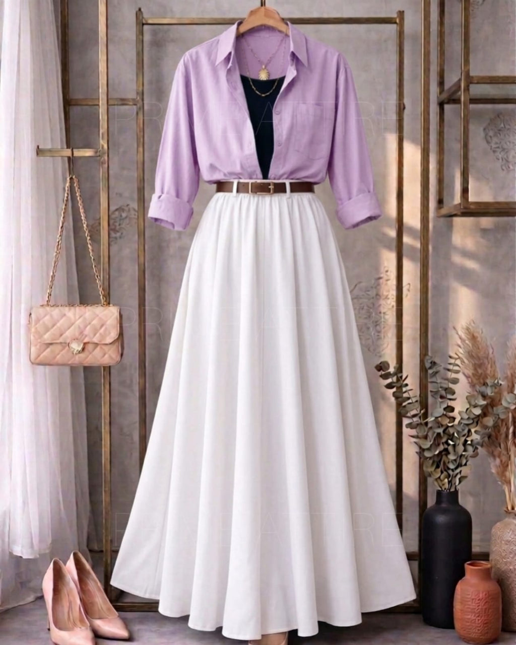 Baby Pink Button Down Shirt With Black Inner & White Flowy Chiffon Skirt