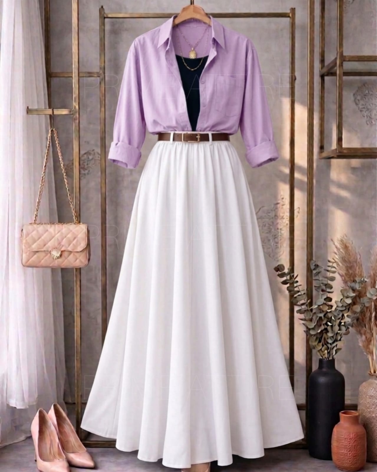 Baby Pink Button Down Shirt With Black Inner & White Flowy Chiffon Skirt