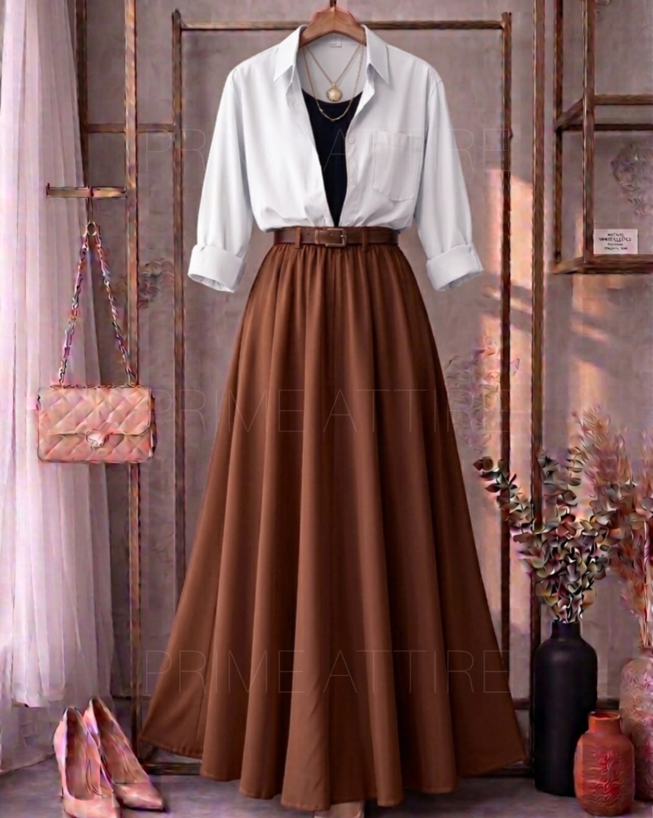 White Button Down Shirt With Black Inner & Brown Flowy Chiffon Skirt