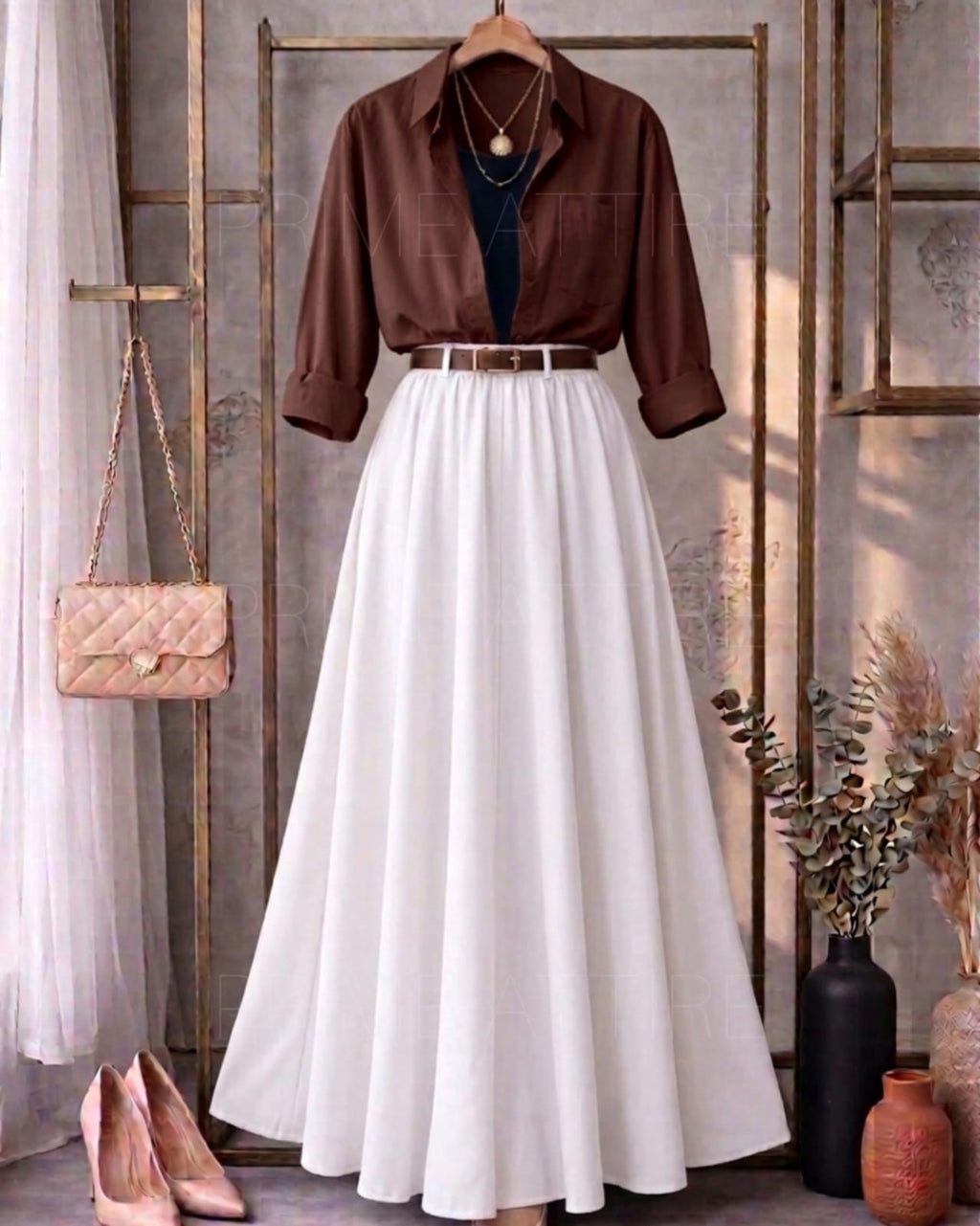 Brown Button Down Shirt With Black Inner & White Flowy Chiffon Skirt