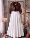 Brown Button Down Shirt With Black Inner & White Flowy Chiffon Skirt
