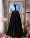 Sky Blue Button Down Shirt With Black Inner & Black Flowy Chiffon Skirt