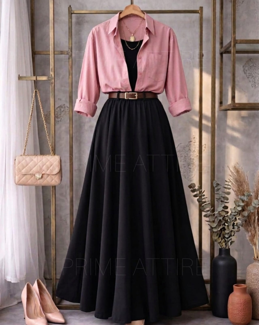Baby Pink Button Down Shirt With Black Inner & Black Flowy Chiffon Skirt