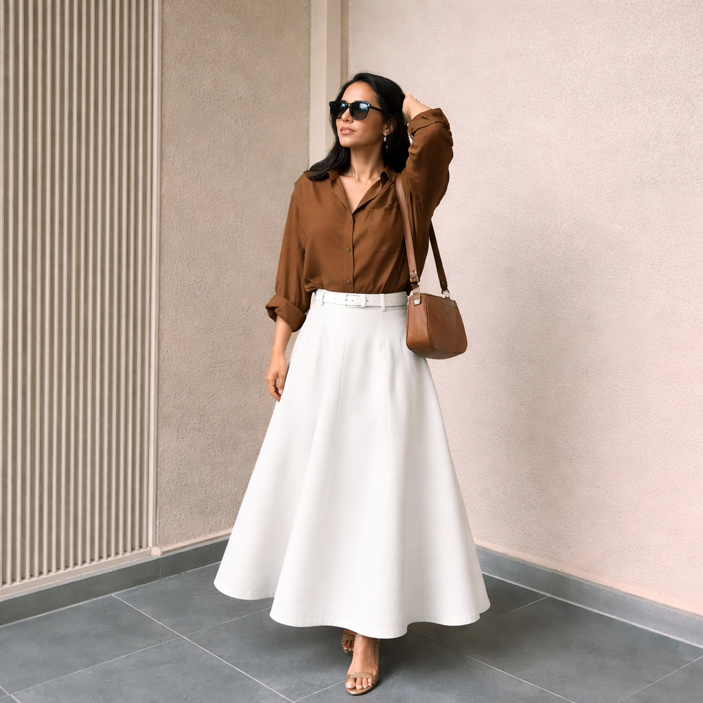 Brown Button Down Shirt & White Flowy Chiffon Skirt