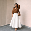Brown Button Down Shirt & White Flowy Chiffon Skirt