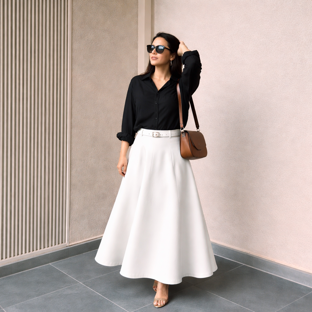 Black Button Down Shirt & White Flowy Chiffon Skirt