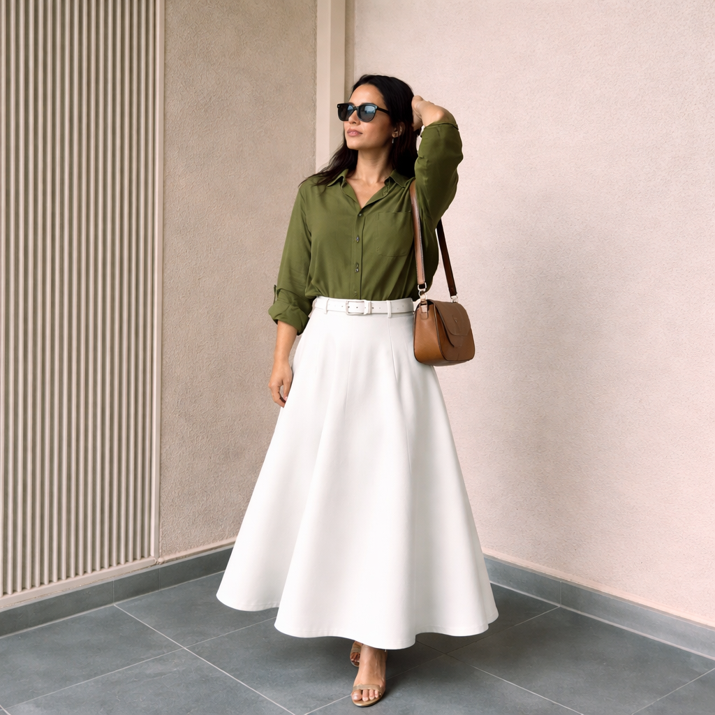 Olive Green Button Down Shirt & White Flowy Chiffon Skirt