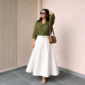 Olive Green Button Down Shirt & White Flowy Chiffon Skirt