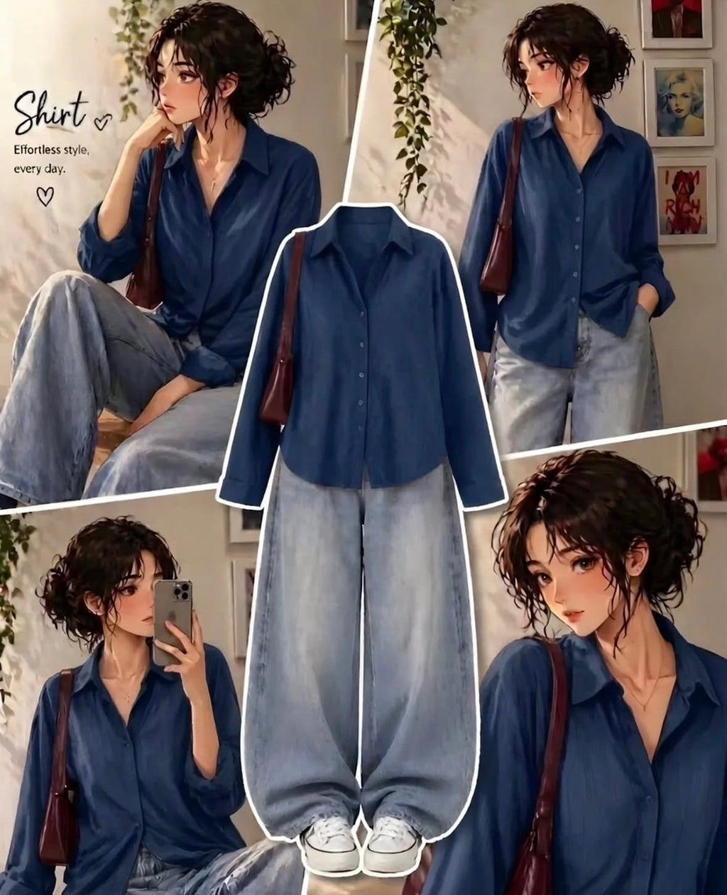 Navy Blue Button Down Shirt With Sky Blue Vintage Wide Leg Jeans