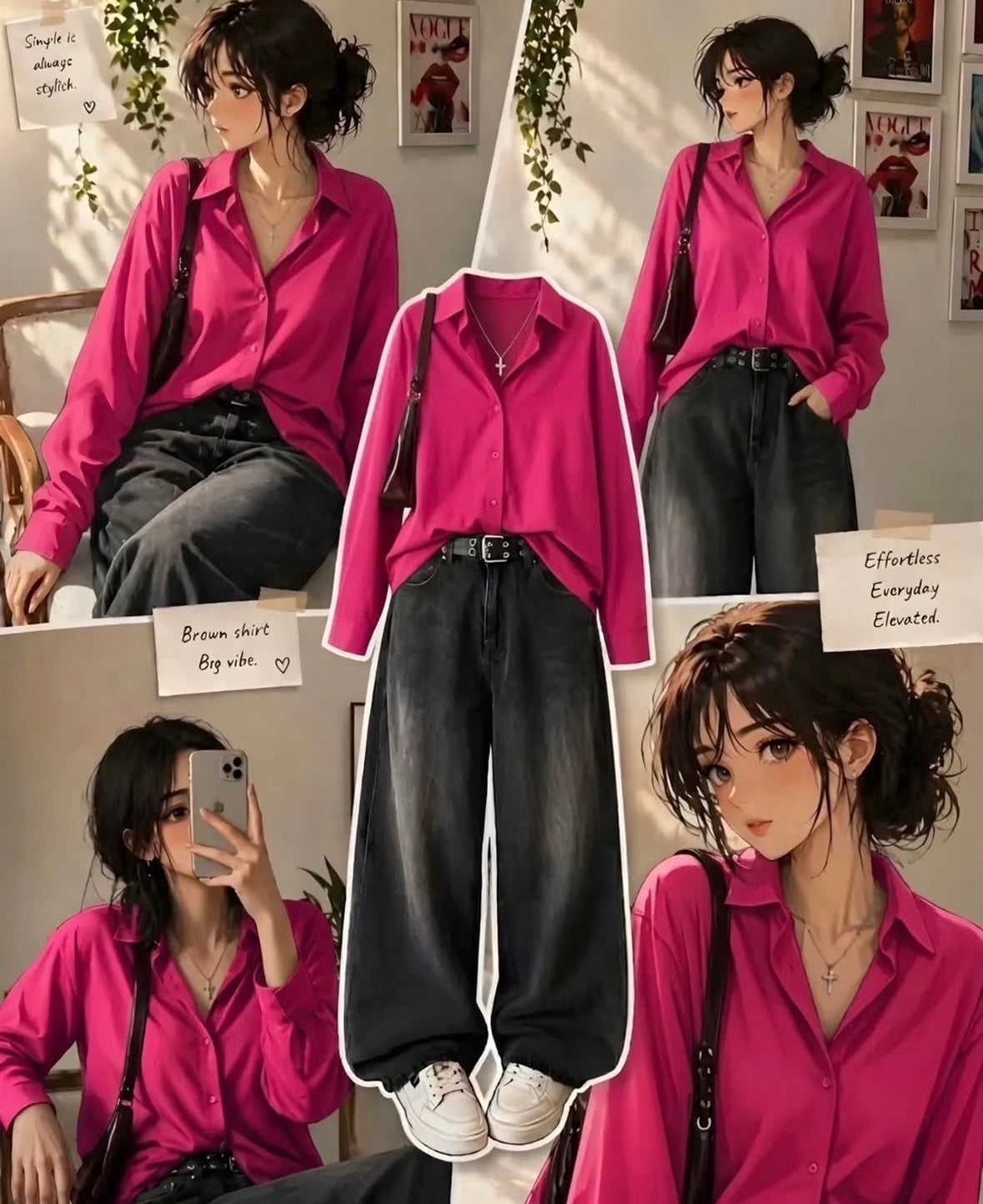 Hot Pink  Button Down Shirt With Dark Grey Vintage Wide Leg Jeans