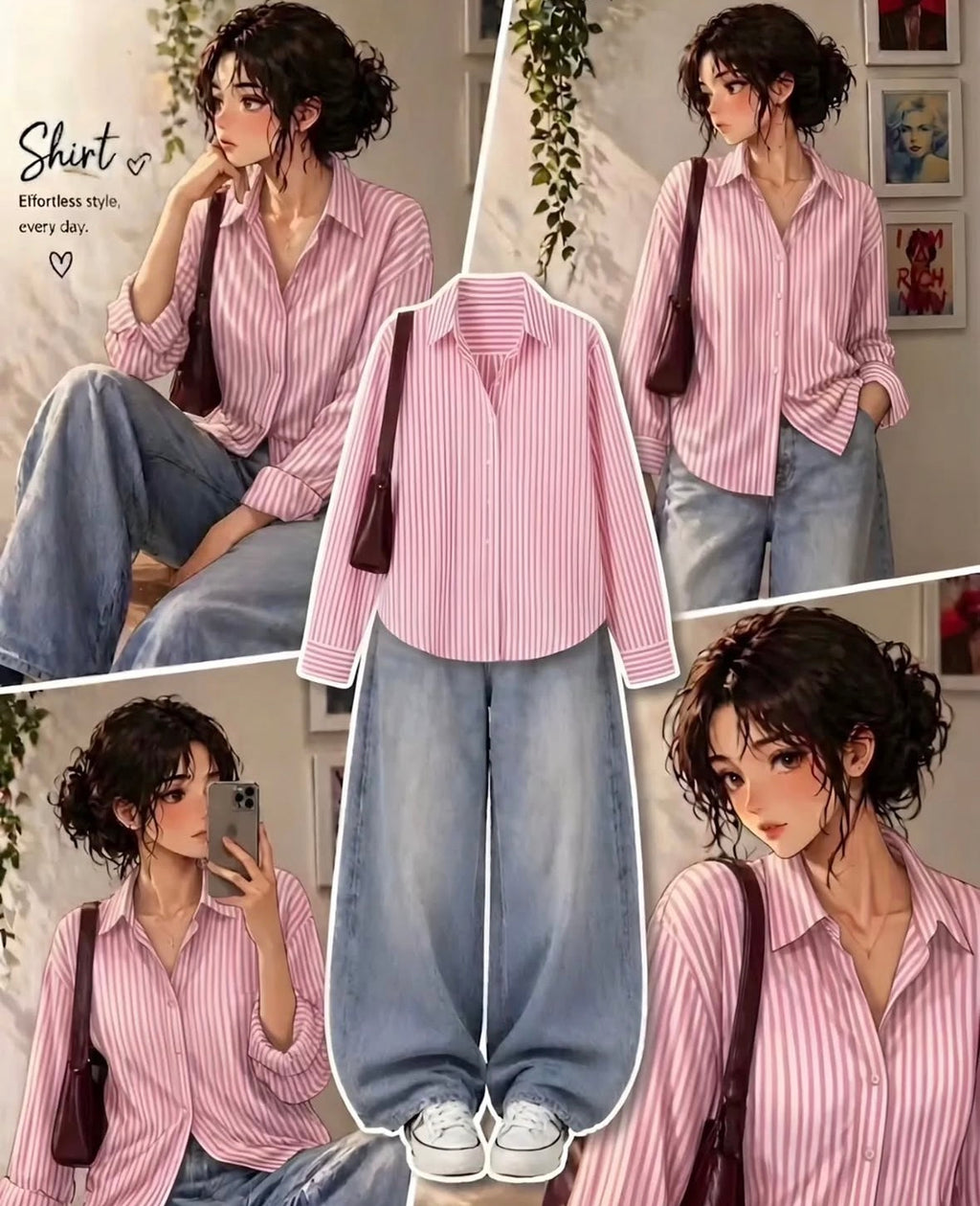 Baby Pink Button Down Shirt With Sky Blue Vintage Wide Leg Jeans