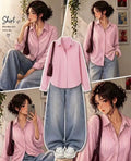 Baby Pink Button Down Shirt With Sky Blue Vintage Wide Leg Jeans