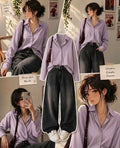 Lilac  Button Down Shirt With Dark Grey Vintage Wide Leg Jeans