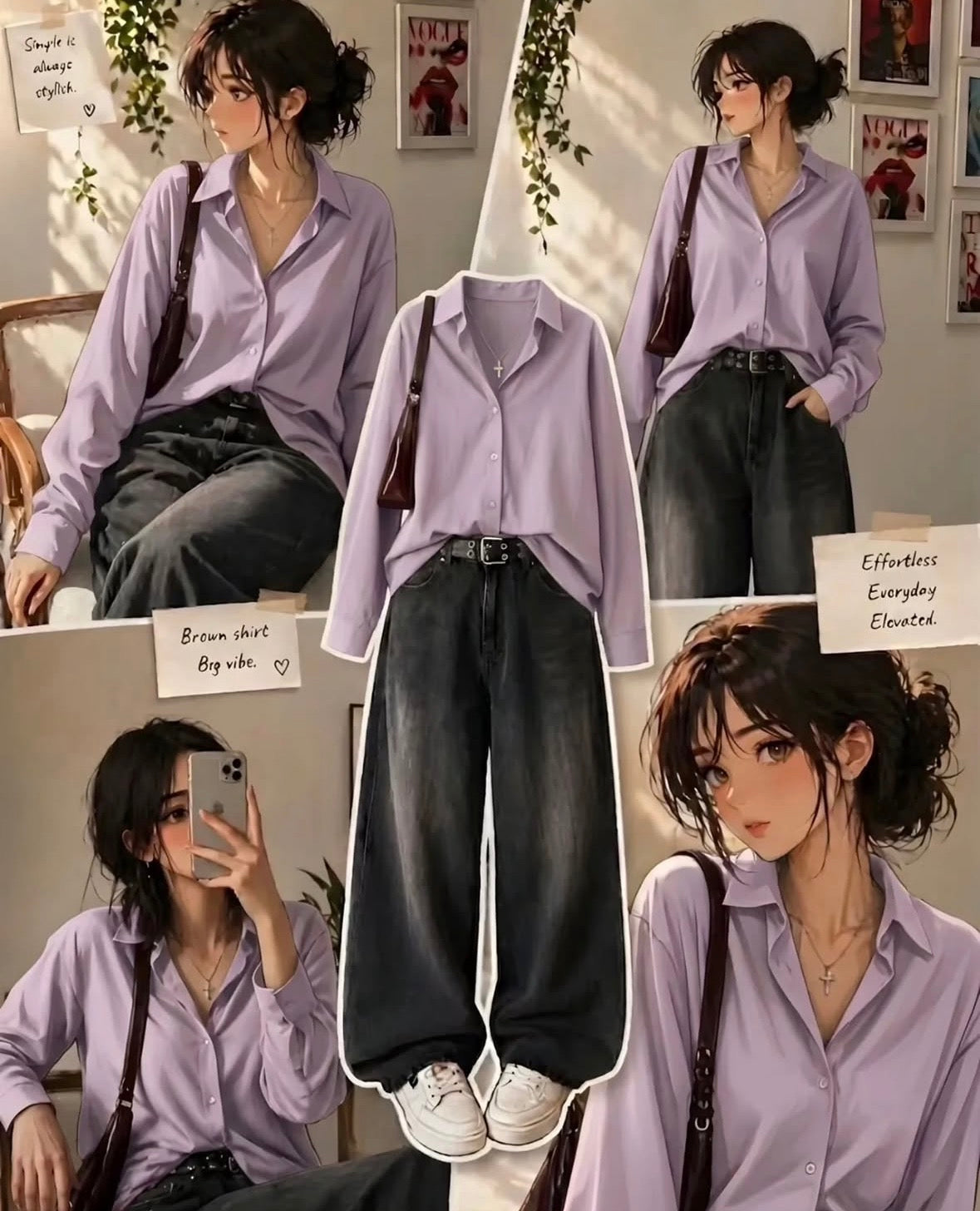 Lilac  Button Down Shirt With Dark Grey Vintage Wide Leg Jeans