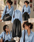 Sky Blue Button Down Shirt With Dark Grey Vintage Wide Leg Jeans