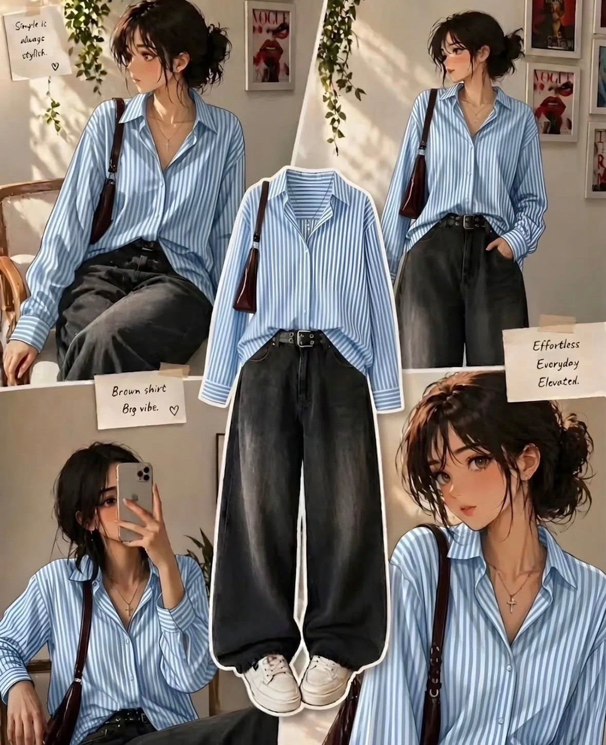 Sky Blue Button Down Shirt With Dark Grey Vintage Wide Leg Jeans