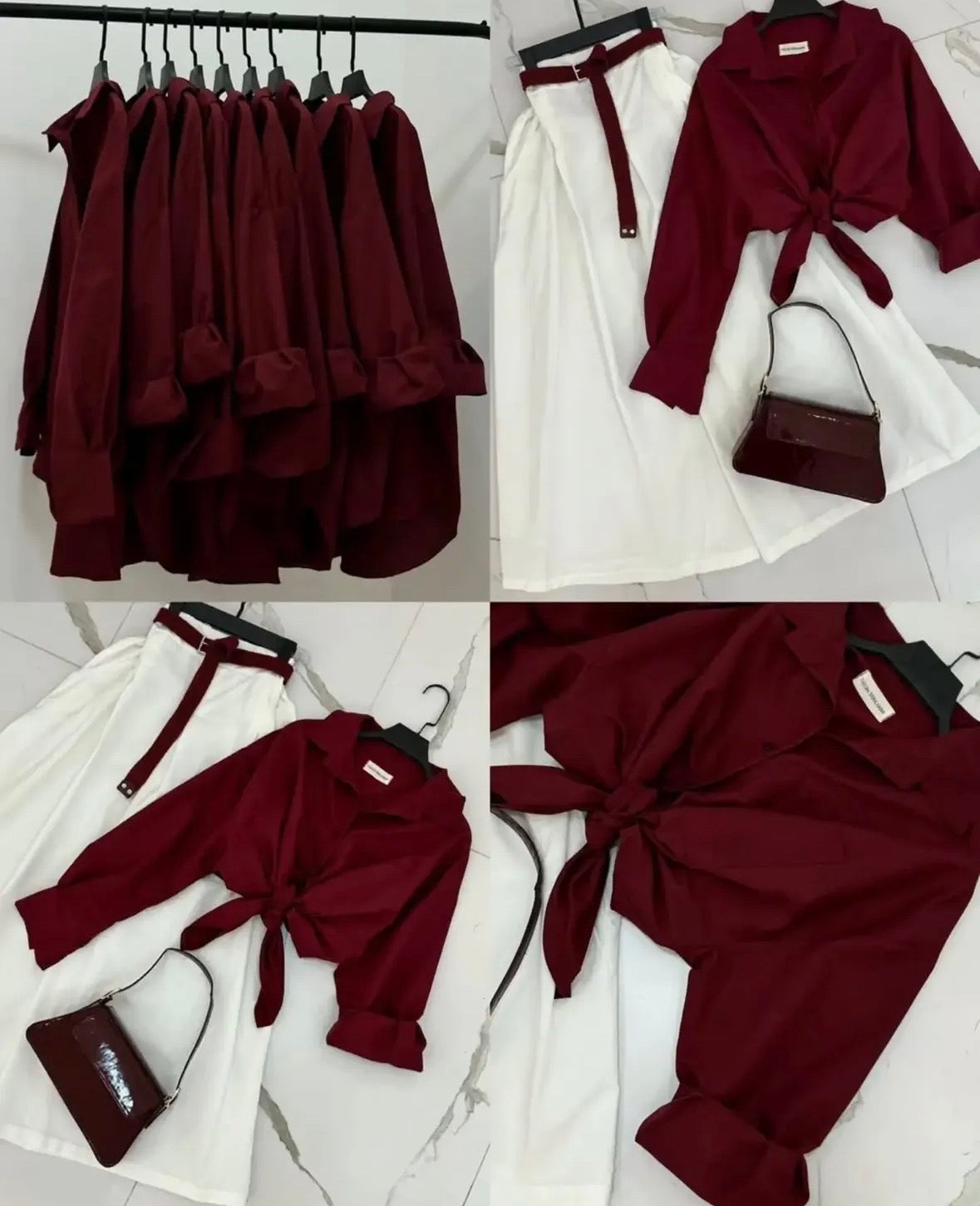 Burgundy Button Down Shirt & White Flowy Chiffon Skirt