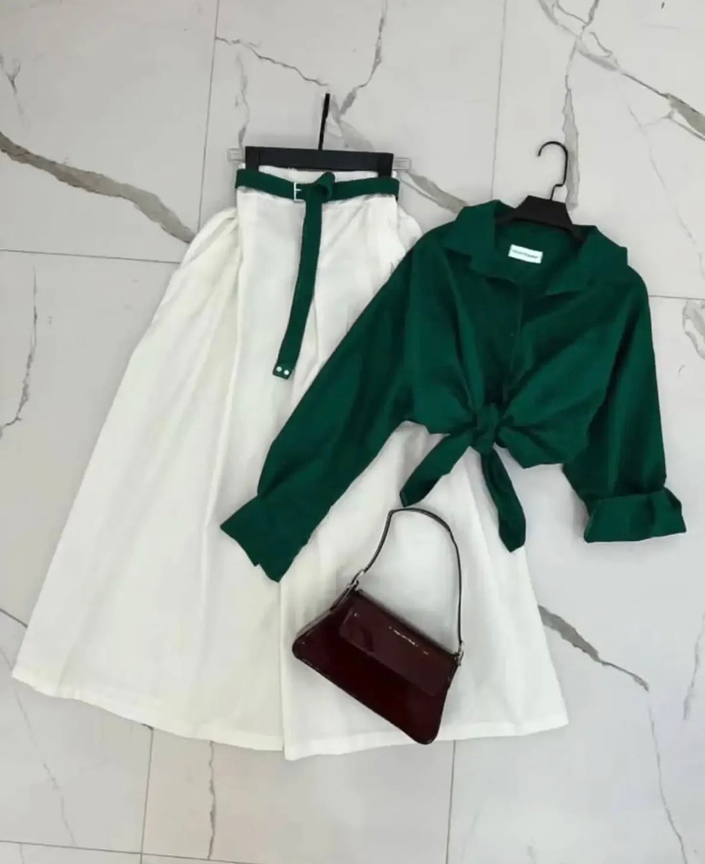 Bottle Green Button Down Shirt & White Flowy Chiffon Skirt
