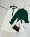 Bottle Green Button Down Shirt & White Flowy Chiffon Skirt