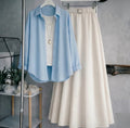 Sky Blue Button Down Shirt With White Inner & White Flowy Chiffon Skirt