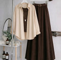 Beige Button Down Shirt With Brown Inner & Brown Flowy Chiffon Skirt