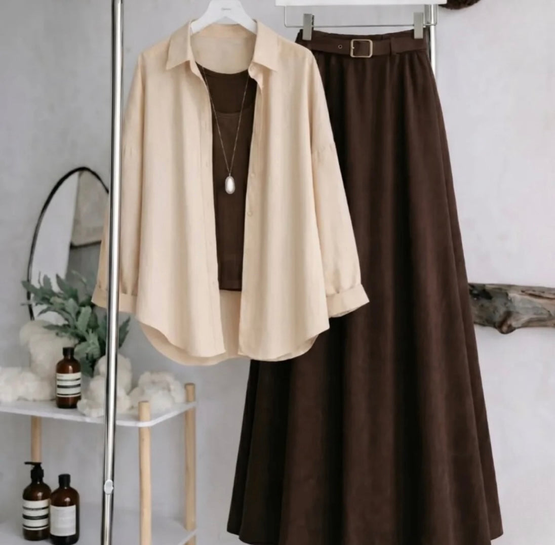 Beige Button Down Shirt With Brown Inner & Brown Flowy Chiffon Skirt