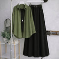 Olive Green Button Down Shirt With Black Inner & Black Flowy Chiffon Skirt