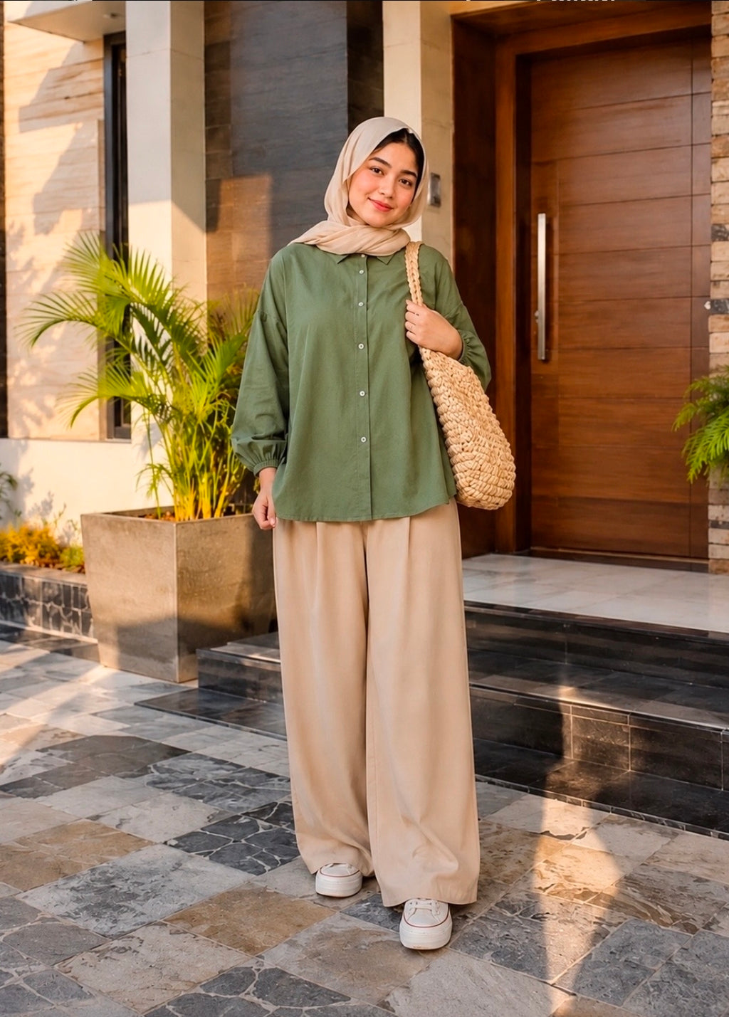 Olive Green Button Down Shirt With Beige Flapper Trouser