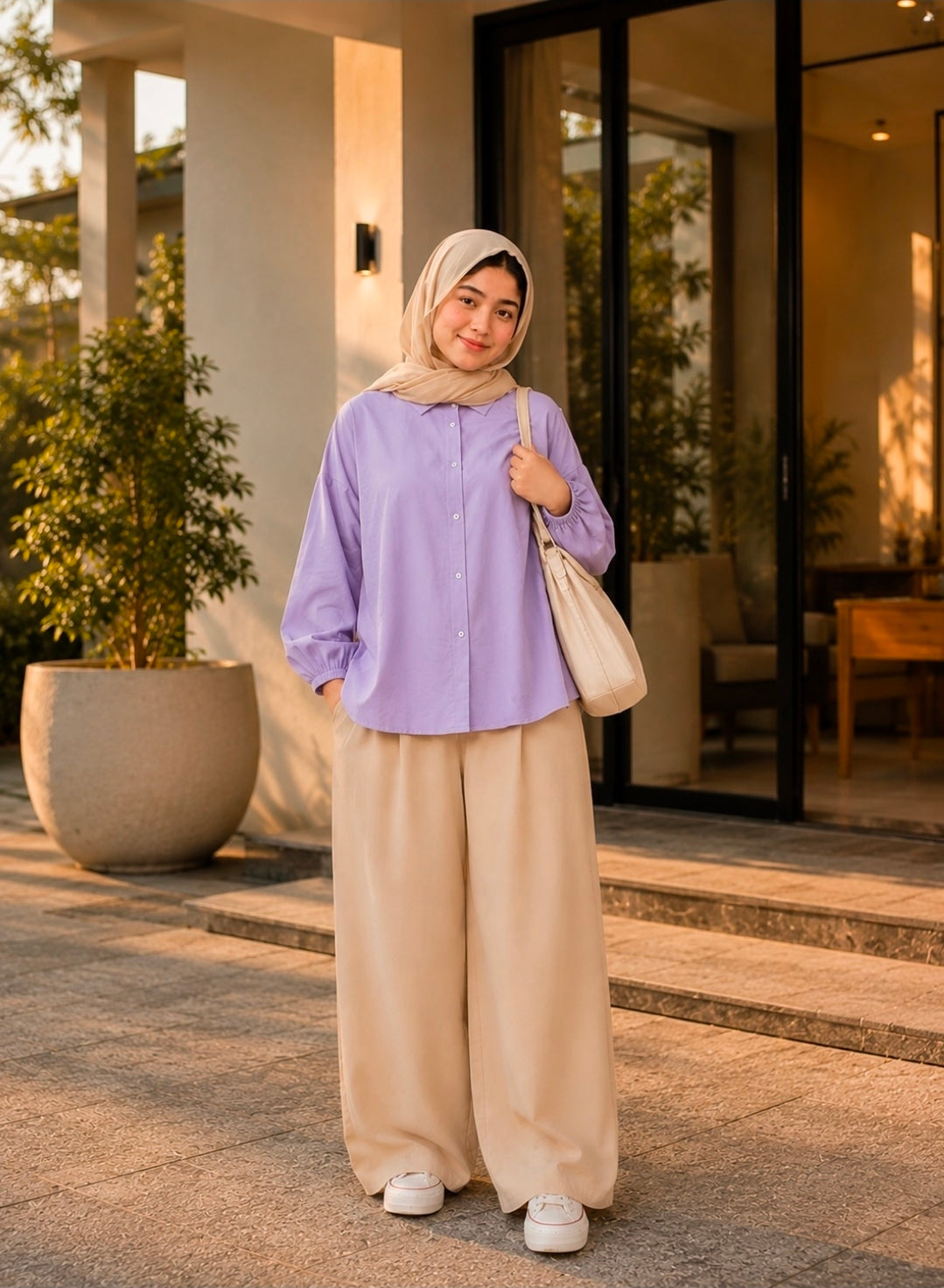 Lilac Button Down Shirt With Beige Flapper Trouser
