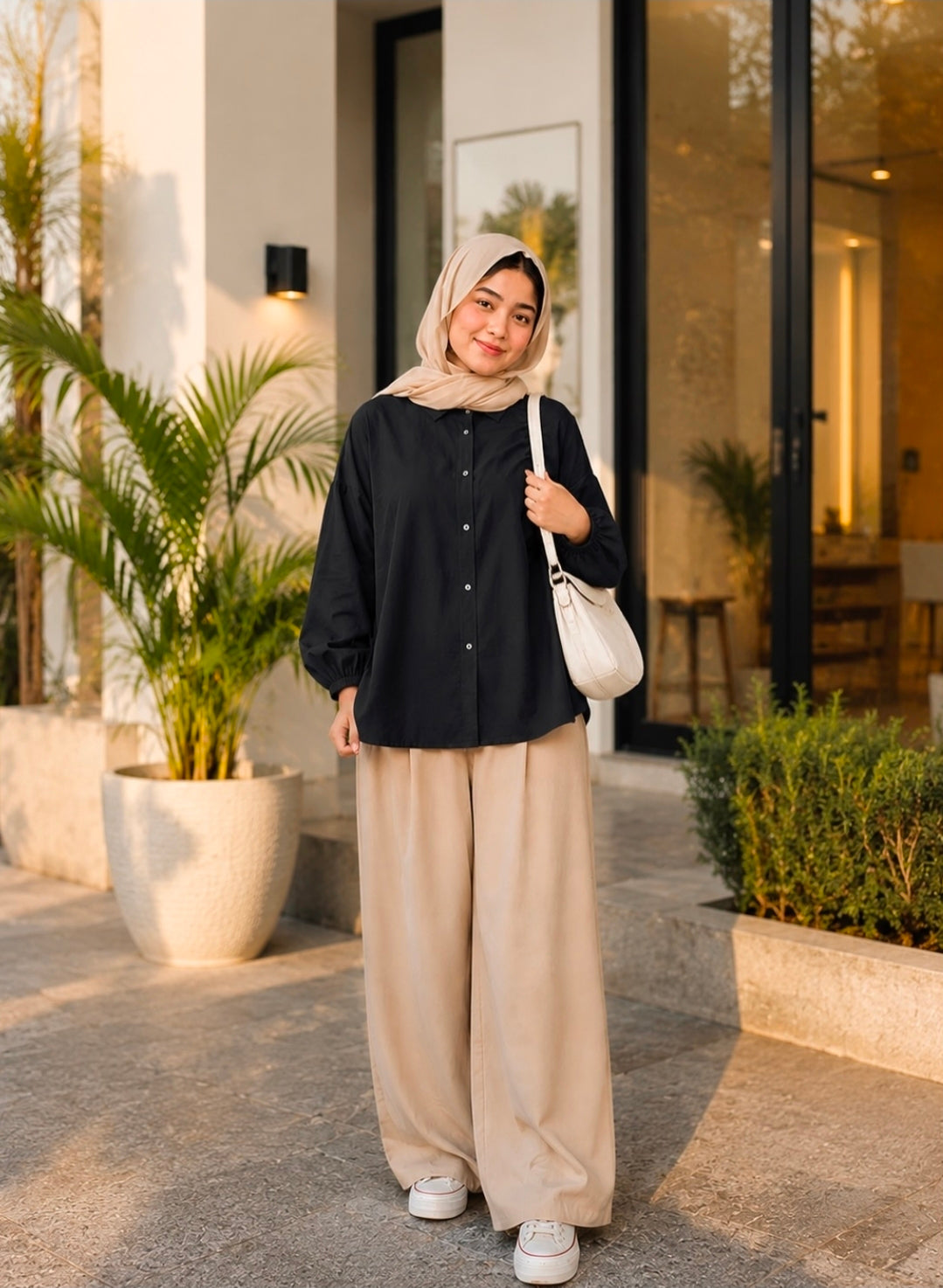 Black Button Down Shirt With Beige Flapper Trouser