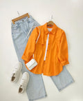mustard Button down shirt with iceblue wideleg jeans