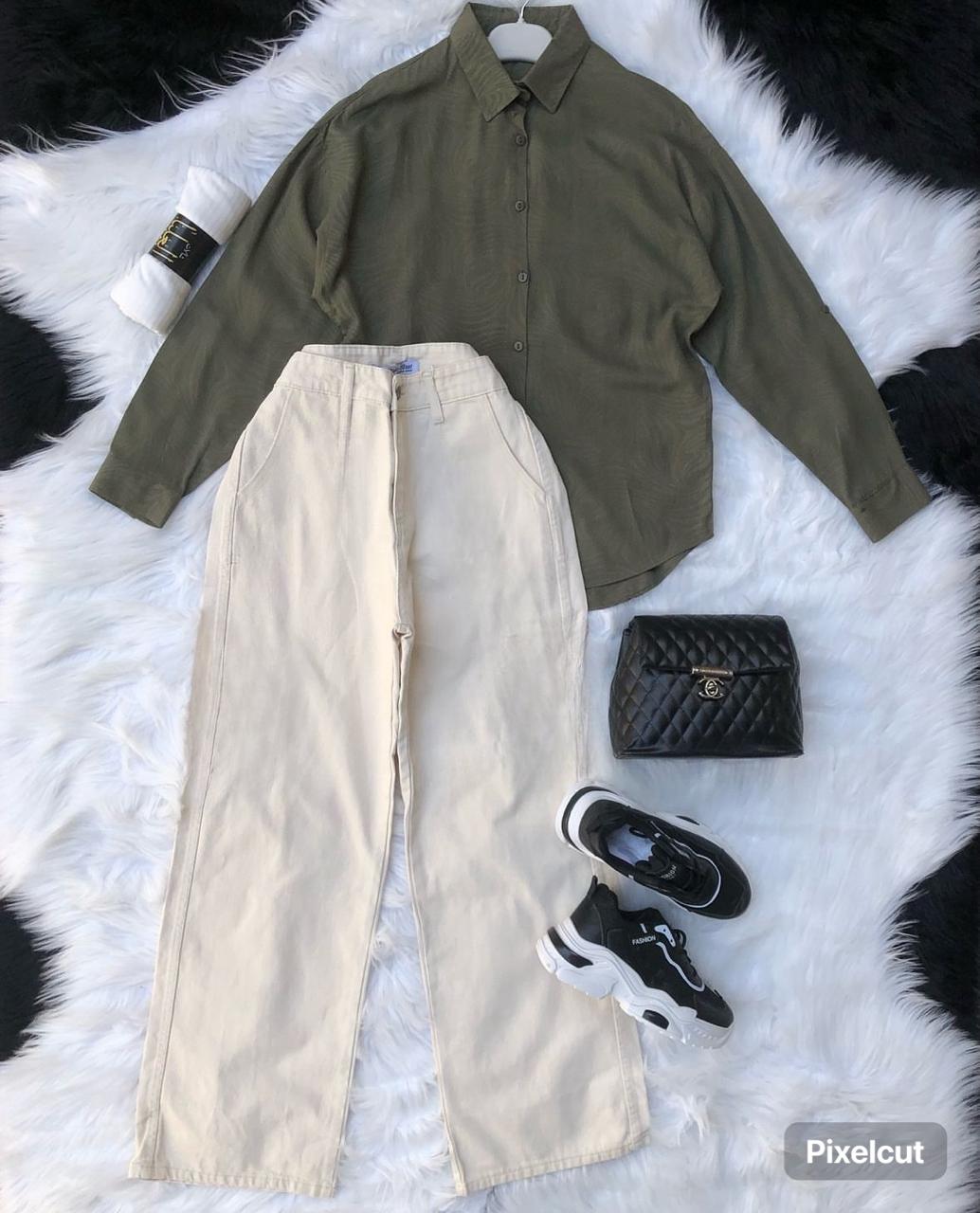 olive green Button down shirt with Skin wideleg jeans