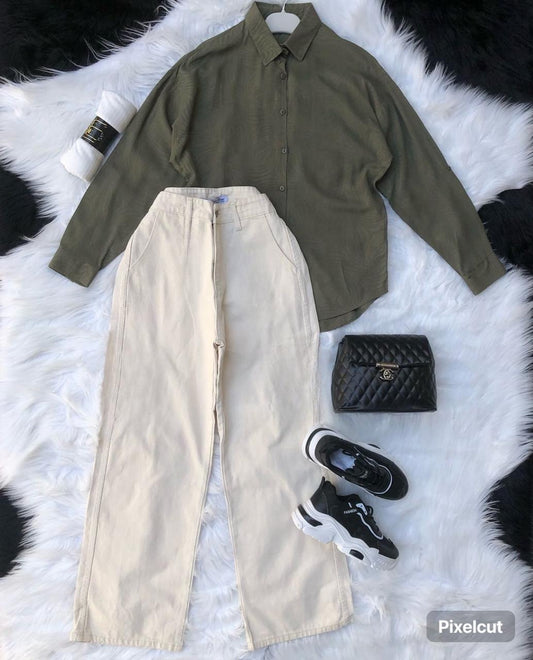 olive green Button down shirt with Skin wideleg jeans