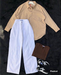 beige Button down shirt with white wideleg jeans