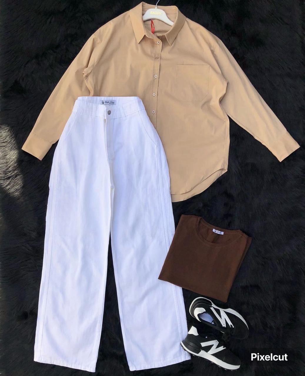beige Button down shirt with white wideleg jeans