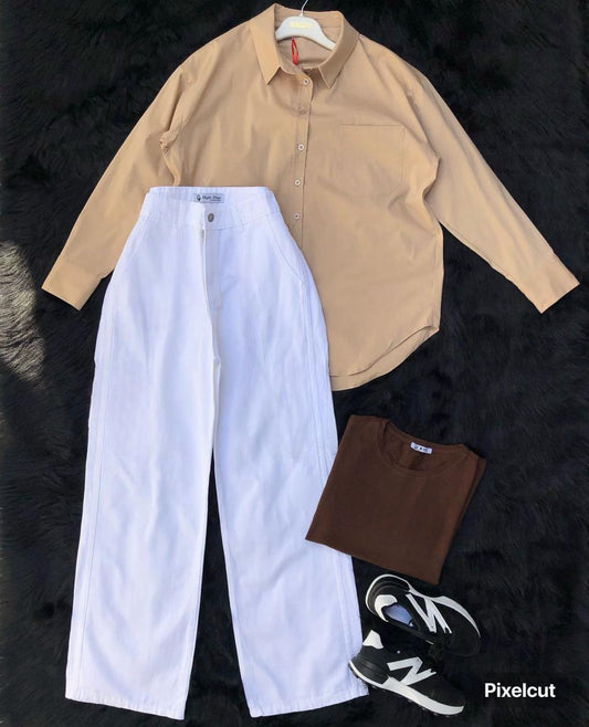 beige Button down shirt with white wideleg jeans