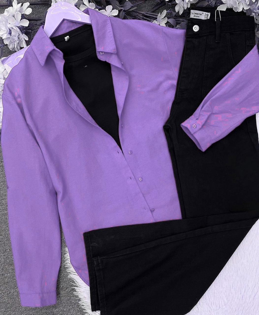 Lilac Button down shirt with black wideleg jeans