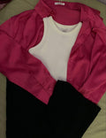 dark pink Button down shirt with black wideleg jeans