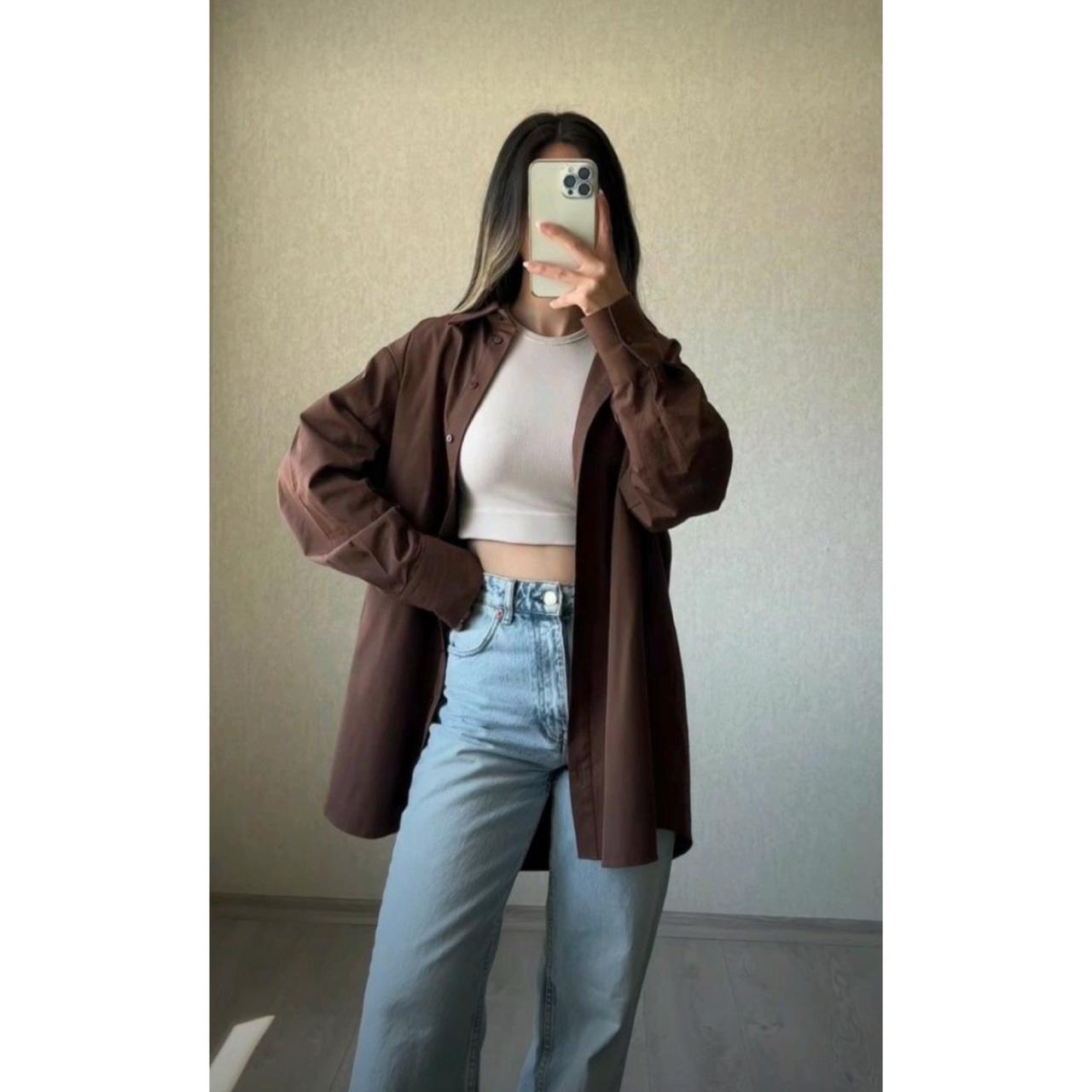 brown Button down shirt with beige wideleg jeans