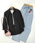 black button down shirt with iceblue wideleg jeans