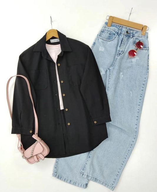 black button down shirt with iceblue wideleg jeans