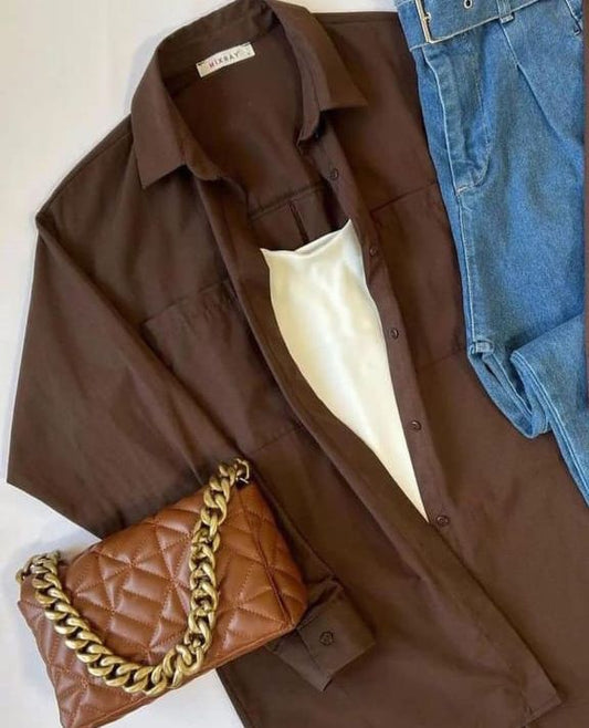 brown Button down shirt with beige wideleg jeans